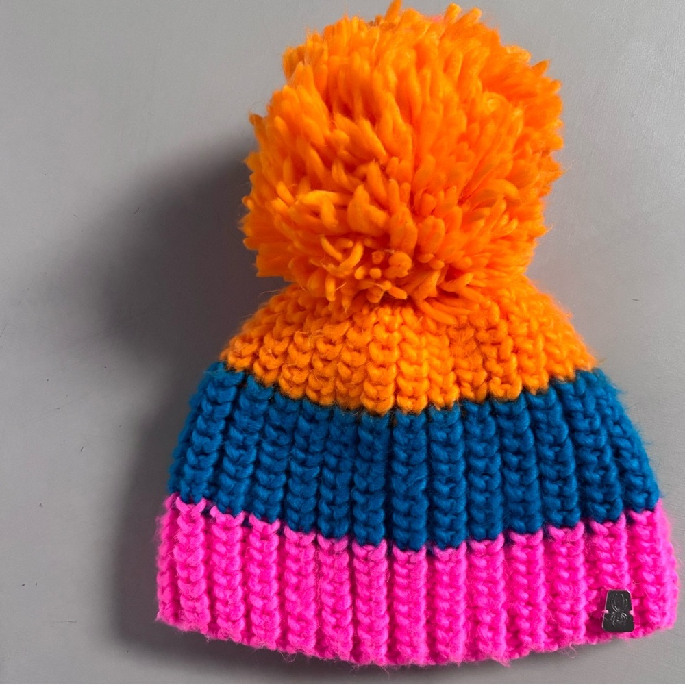SPYDER Vibrant Color-blocked Twisty Knit Striped Sporty Pom Pom Beanie Hat